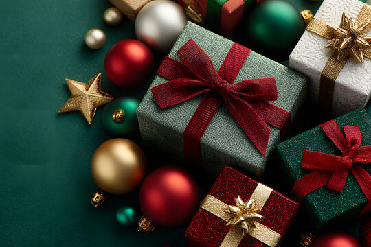Christmas presents concept. Top view photo of gift boxes with ribbon bows red green gold baubles and star ornaments on isolated green background