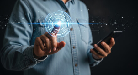 Person Interacting with Futuristic Digital Interface on Dark Background.