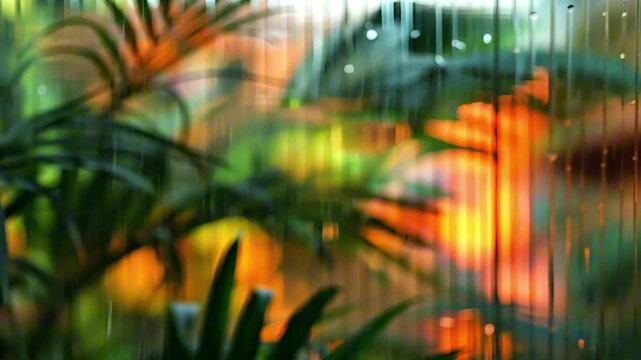 Blurred tropical plants behind vertical textured reeded glass with warm orange reflections and soft rain streaks. Concept of exotic atmosphere and natural privacy