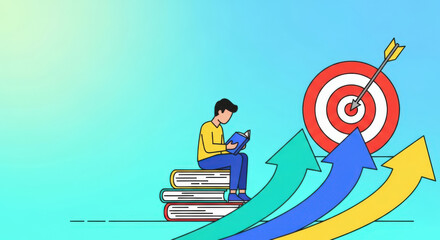 Person Reading Books on Stacked Books with Upward Arrows and Target.