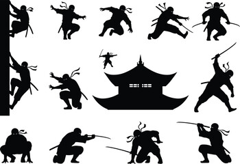 Flat vector silhouette of ninjas in action poses around traditional Japanese building, martial arts, stealth movement, combat scene, warrior theme © MD