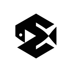 Abstract fish logo in black and white hexagon shape for design
