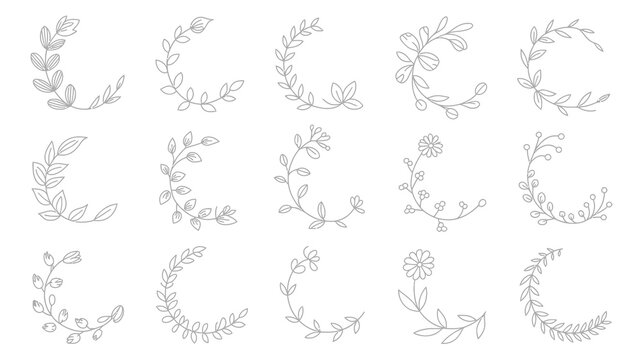 Hand-drawn set of minimalist floral and leafy wreath frames and corner design elements, perfect for elegant wedding invitations, logos, and branding projects. organic lines.