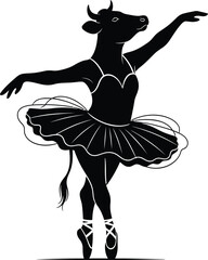 Silhouette of a cow dressed as a ballerina performing a graceful dance on pointe shoes