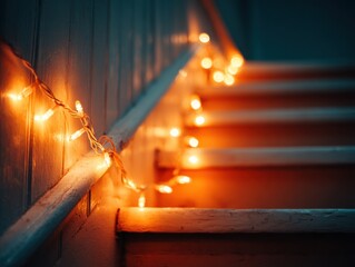 Soft warm lights wrap around the stairs, creating a welcoming atmosphere in the softly lit space