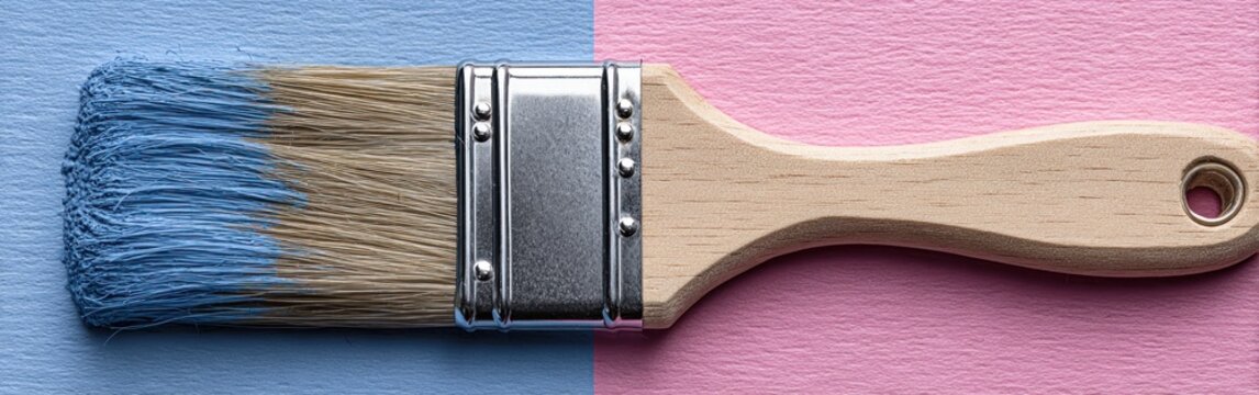 A paintbrush with blue and pink rests on a wall, hinting at a DIY project or artistic endeavor