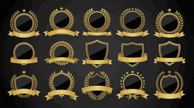 Collection of elegant gold badges, shields, and emblems with laurel wreaths, stars, ribbons, representing premium quality, award, achievement, and success vector set