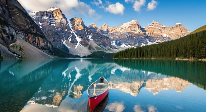 Scenic view of moraine lake with mountains and a canoe in banff, canada