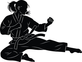 Silhouette of a female martial artist performing a dynamic flying side kick in a karate gi