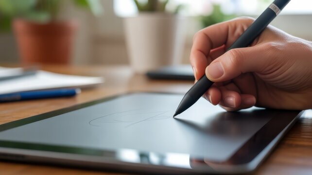 Hand holding black stylus drawing on digital tablet screen close up image