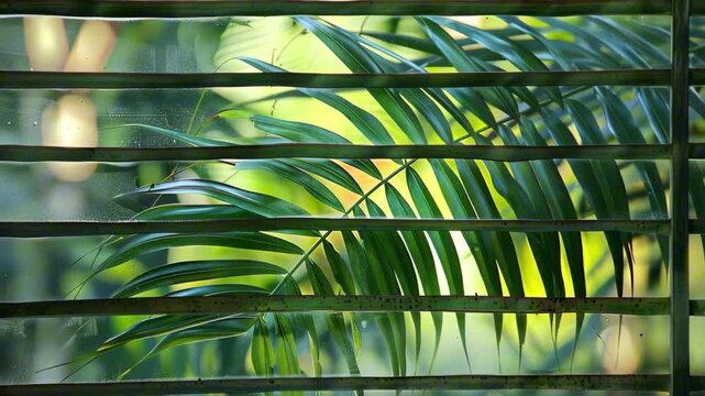 Green palm leaves viewed through window blinds with soft natural daylight and bokeh in background. Concept of tranquil nature behind modern structure