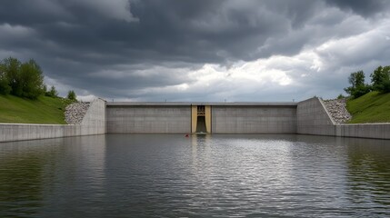 Obraz premium A concrete dam and reservoir under a dramatic stormy sky with water flowing from the spillway