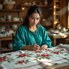 Fototapeta premium Young woman focused on intricate embroidery creating textile art