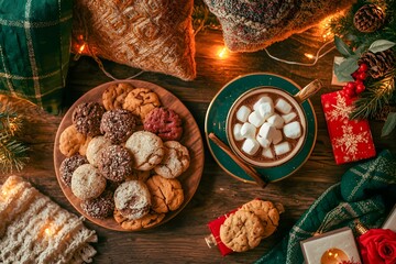Cozy Christmas Cookies and Hot Chocolate with Holiday Lights