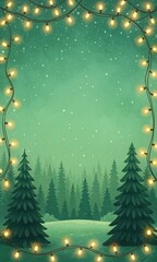 Festive Twinkling Lights Frame a Snowy Evergreen Forest Scene Celebrating Winter Holidays