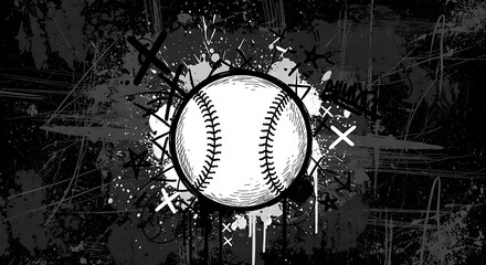 A grayscale baseball illustration, centered, surrounded by paint splatters and various small cross-like shapes, all on a dark background