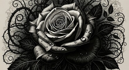 A grayscale, detailed illustration of a rose with water droplets, surrounded by dark leaves and thorny vines against a neutral background