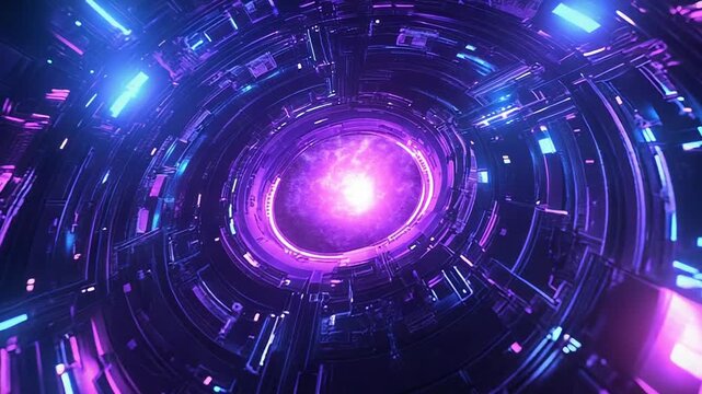 Neon sci fi tunnel with glowing singularity portal
