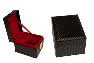 Black empty box covered with red velvet isolated on a white background.