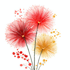 Abstract floral watercolor artwork featuring red and yellow blossoms on white background