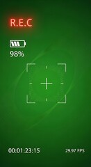 A green-themed screen recording interface with an illuminated recording indicator, battery level, a central crosshair, and time/FPS details