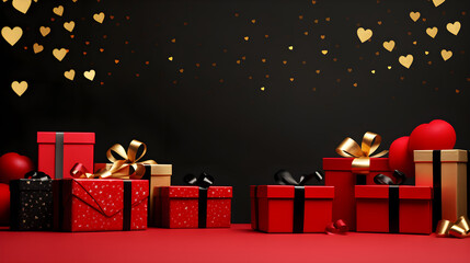 Red gift boxes with gold and black bows on a dark background. Concept background for Valentine's Day or Christmas