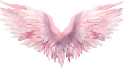 Soft pink watercolor angel wings with delicate feathers, hand-painted in pastel tones and isolated on a white background. Elegant fantasy illustration perfect for romantic designs, spiritual art