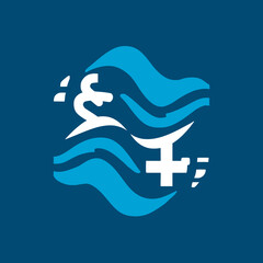 Abstract geometric design with blue and white elements on a dark background