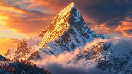 Snowy mountain peak at sunset