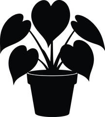 Simple black silhouette of a potted houseplant with heart shaped leaves on a white background
