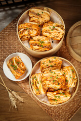Korean Kimchi in Bamboo Steamers - Traditional Fermented Spicy Cabbage Dish