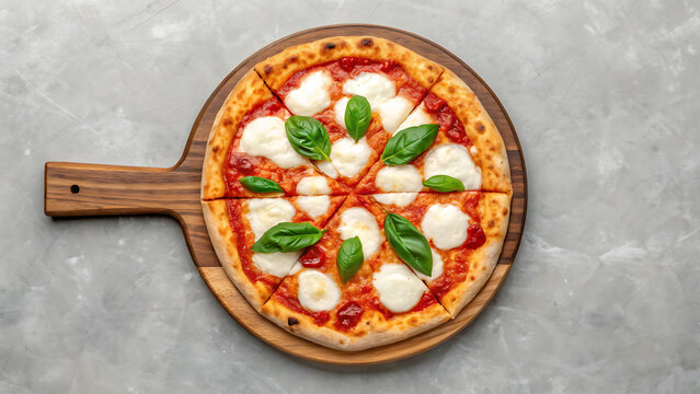 Delicious margherita pizza topped with fresh mozzarella and basil leaves on a wooden board