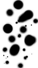 Numerous black ink drops and splashes on a white background. These abstract, circular, and irregular shapes vary in size and possess a gritty, spray-paint like texture.