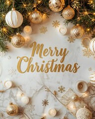 Christmas Flat Lay with Merry Christmas Text and Silver Gold Decorations