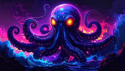 Glowing eyed, violet-hued octopus with tentacles, emerging from vibrant waves under a cloudy purple sky