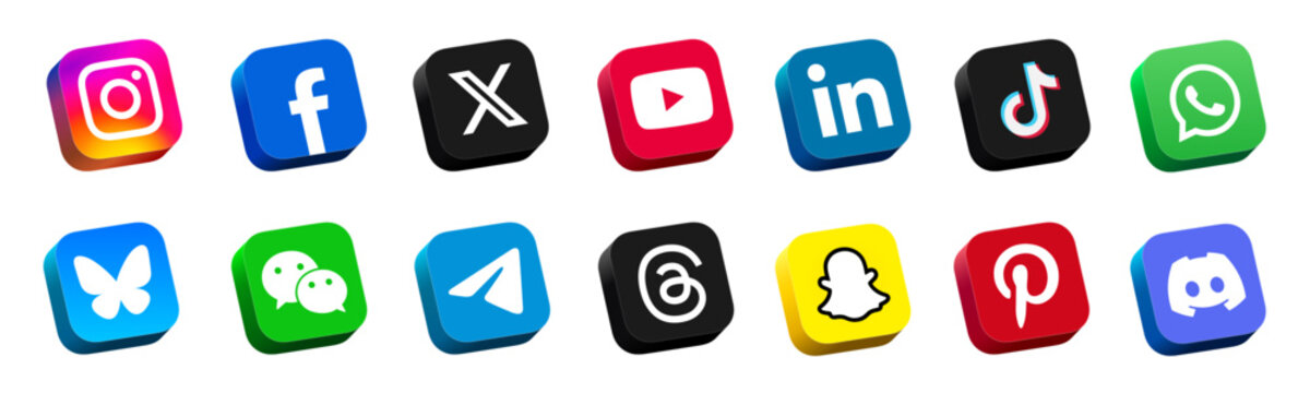 3d social media logo icon set, network black and color set buttons. Facebook, Instagram, X, Youtube, Whatsapp, Tiktok, Threads. 3d round style buttons