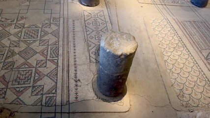 Tiberias, Israel, January 11 2025: Main mosaic floor of Hammat Tiberias synagogue with zodiac circle, panels, and lion motifs.  from the Hammat Tiberias Synagogue floor.