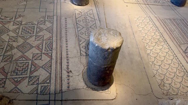 Tiberias, Israel, January 11 2025: Main mosaic floor of Hammat Tiberias synagogue with zodiac circle, panels, and lion motifs.  from the Hammat Tiberias Synagogue floor.