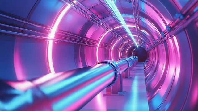 Futuristic neon lit particle accelerator tunnel interior