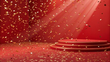 Elegant Red Stage with Golden Confetti Shower and Spotlight Perfect for Celebrations and Festive Events