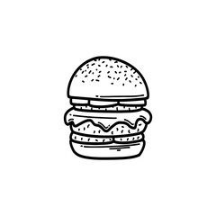 Hand drawn vector burger outline with cheese, tomato, sauce, and beef. Black and white doodle sketch for restaurant branding, menu design, packaging, and vintage or retro food illustrations.