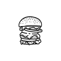 Hand drawn vector burger outline with cheese, tomato, sauce, and beef. Black and white doodle sketch for restaurant branding, menu design, packaging, and vintage or retro food illustrations.