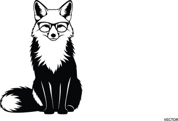 Stylized black and white vector illustration of a clever fox wearing round glasses sitting calmly