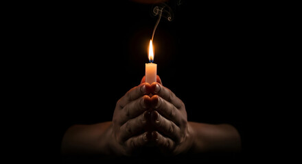 Hands holding candle for Suicide Loss Day in dark background with copy space