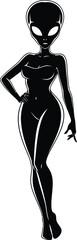 Stylized black silhouette of a female alien with large eyes and a curvaceous figure standing confidently