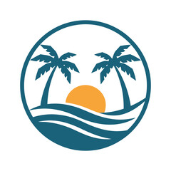 Obraz premium Tropical island paradise logo with palm trees and ocean waves Vector