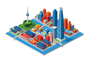 Flat isometric Seoul cityscape with modern tower blocks, hilly skyline, and layered perspective. Solid soft tones, no gradients, clean geometric structure, squared modern composition
