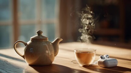 cozy morning scene, steam rising from a teapot, cup of tea and wireless earbuds on a wooden table, warm sunlight, peaceful mood, cinematic lighting, realistic photography style, shallow depth of field - Powered by Adobe