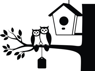Two cute cartoon owls perched on a tree branch next to a birdhouse with 8k resolution tag