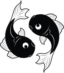 Two stylized black fish with white outlines swimming in a circular pattern against a white background